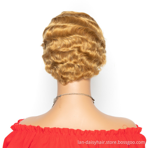 Sweet and cute glueless  Finger wave pixie for black women straight wave women's short machine made human hair wig